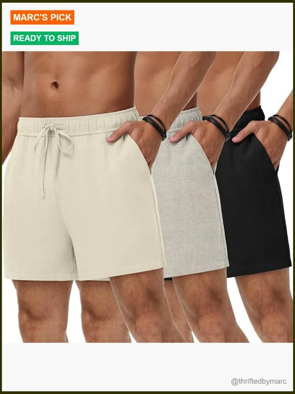3 Pack Men's Linen Shorts Elastic Waist Drawstring Lightweight Summer Casual